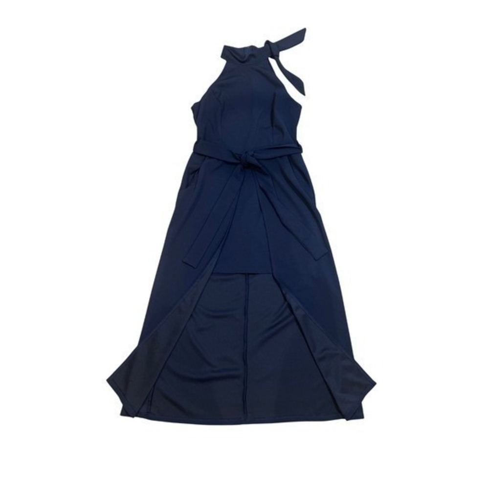 Women's Navy Blue Halter Mini Dress Train Tie‎ Neck High-Low Cocktail Party S 5